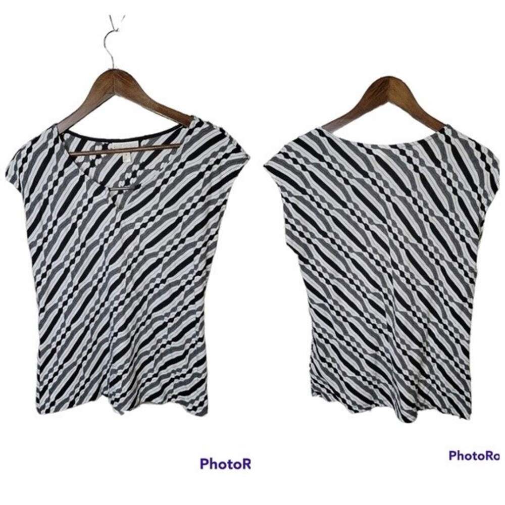 Dana Buchman Black Grey White Geometric Stripes Textured Soft Knit Blouse